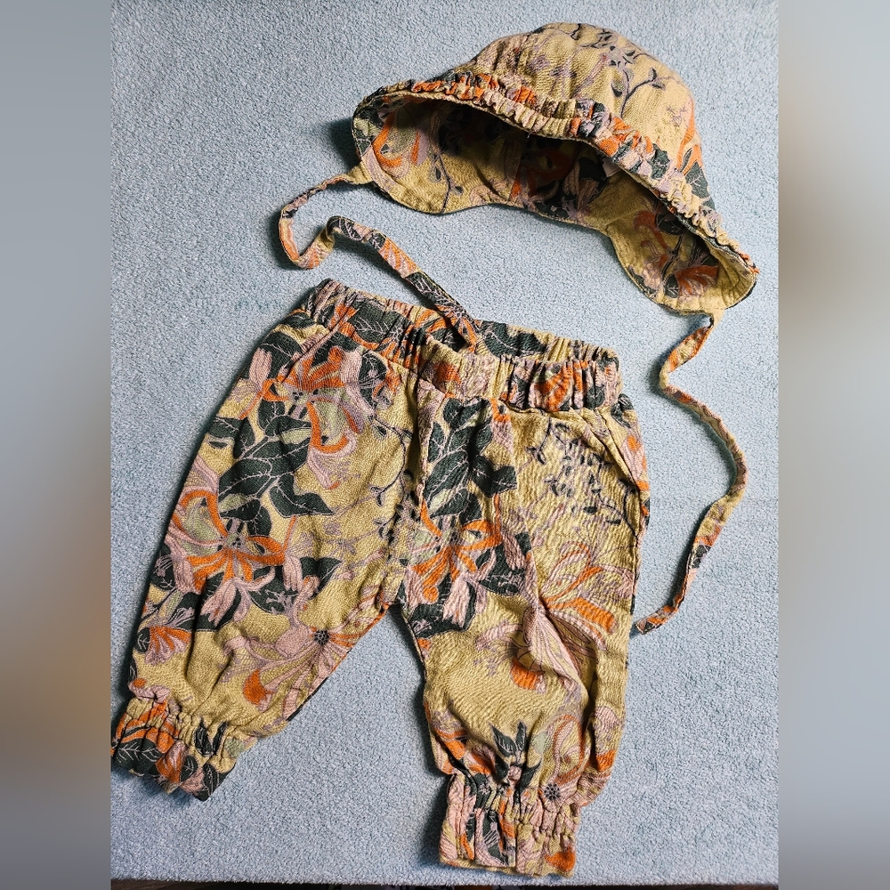 Kate Quinn organic cotton 2pc set vintage floral print bonnet with ruffles NWOT